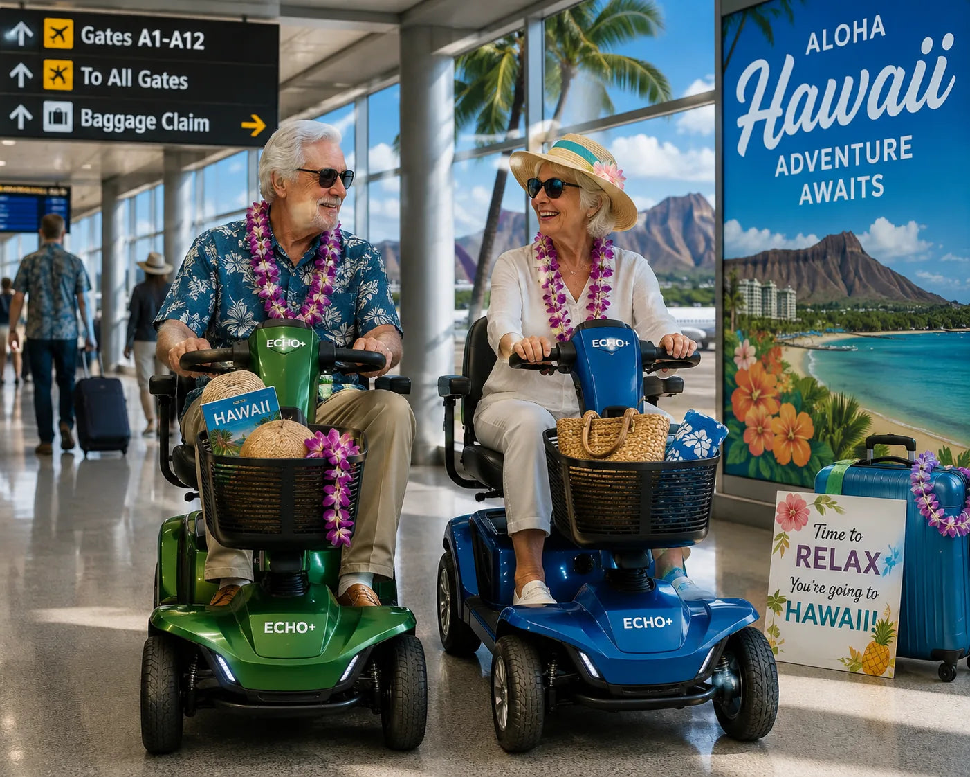 Senior couple using Shoprider Echo+ mobility scooters for travel at the airport