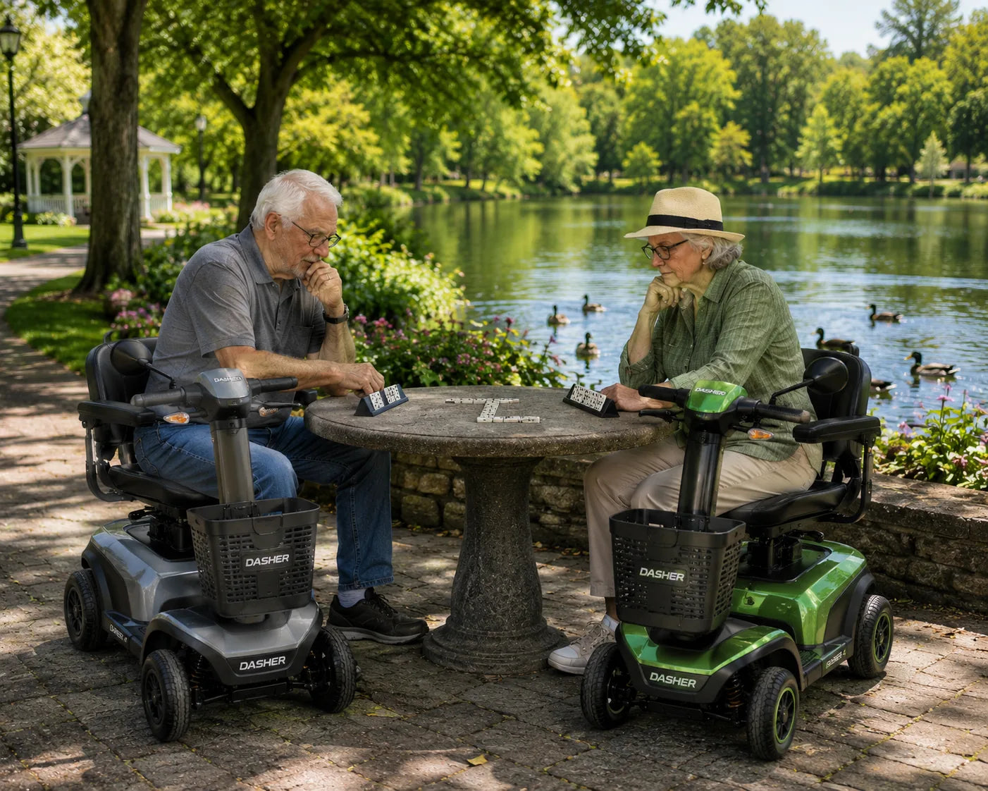 Senior riding Shoprider Dasher 4 mobility scooter outdoors