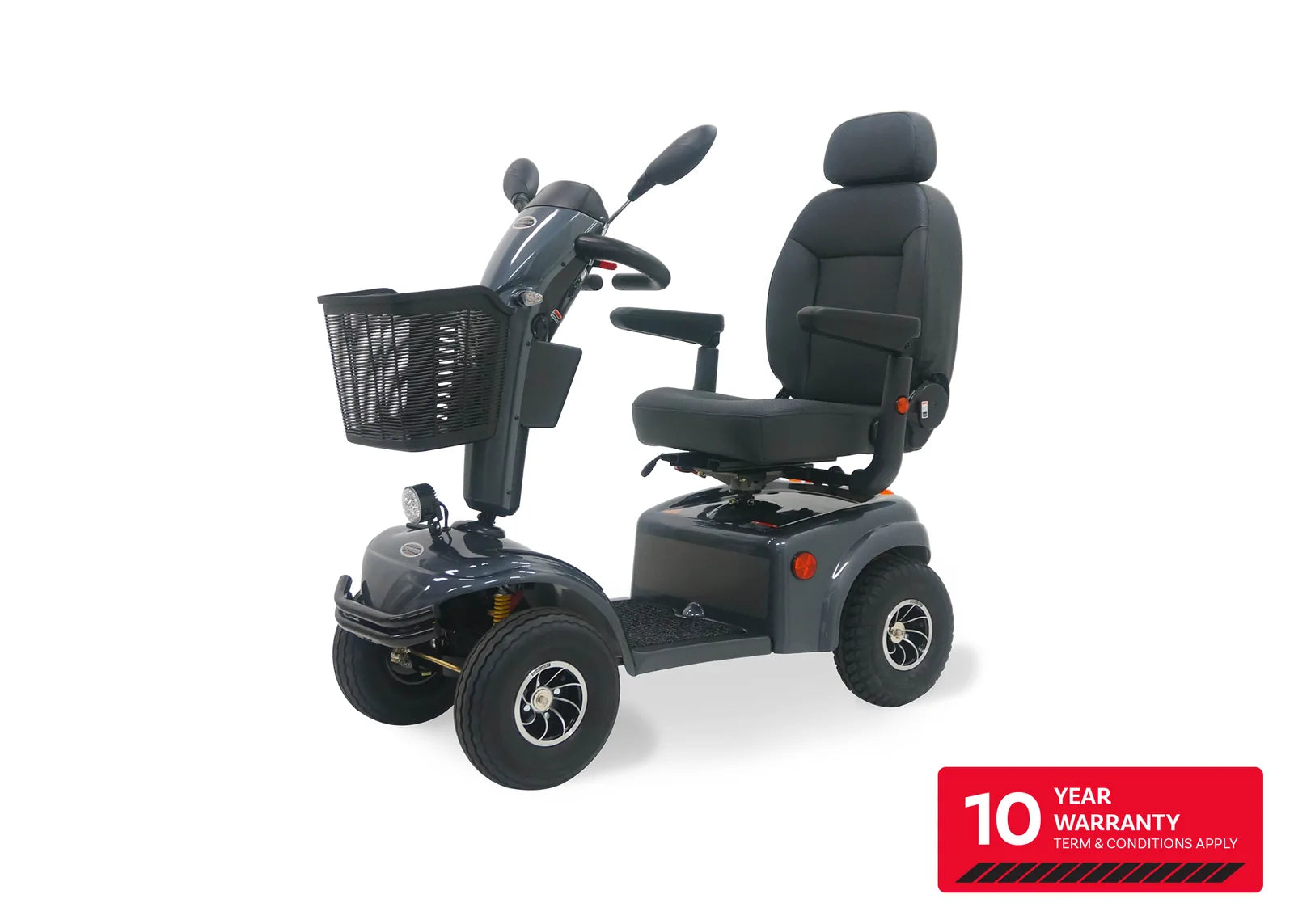 Shoprider Expedition XL4 rear view with pneumatic tires and 10 year warranty badge