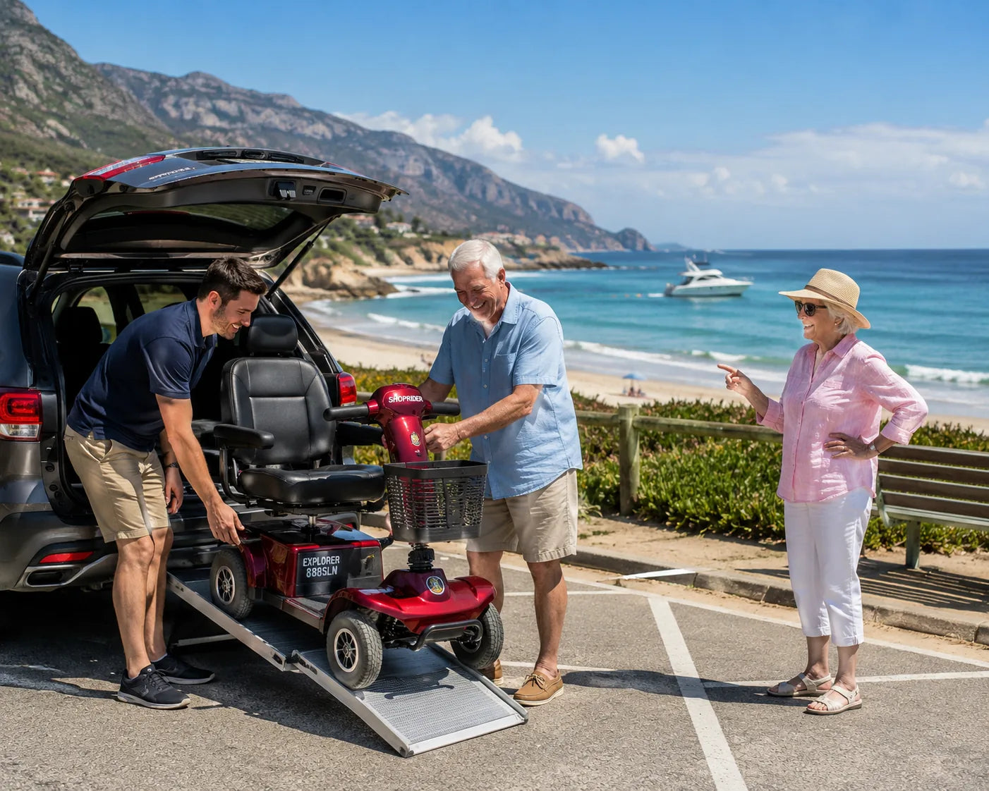 Senior using Shoprider Explorer 888SLN mobility scooter outdoors
