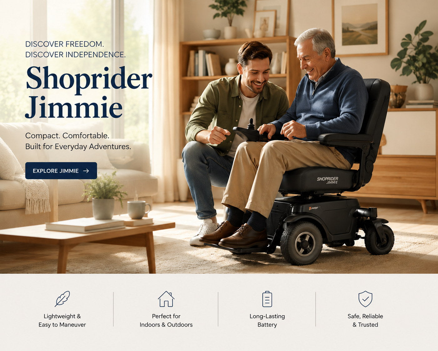 Shoprider Jimmie power chair home lifestyle image with caregiver support